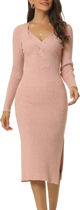 Seta T Women's Fall Winter Long Sleeve V Neck Ribbed Knit Side Slit Twist Front Midi Sweater Dress