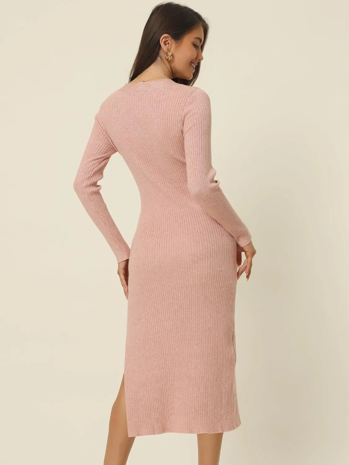 Seta T Women's Fall Winter Long Sleeve V Neck Ribbed Knit Side Slit Twist Front Midi Sweater Dress