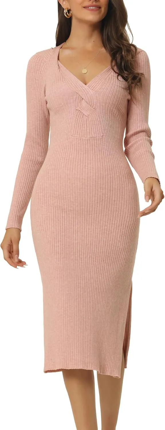 Seta T Women's Fall Winter Long Sleeve V Neck Ribbed Knit Side Slit Twist Front Midi Sweater Dress