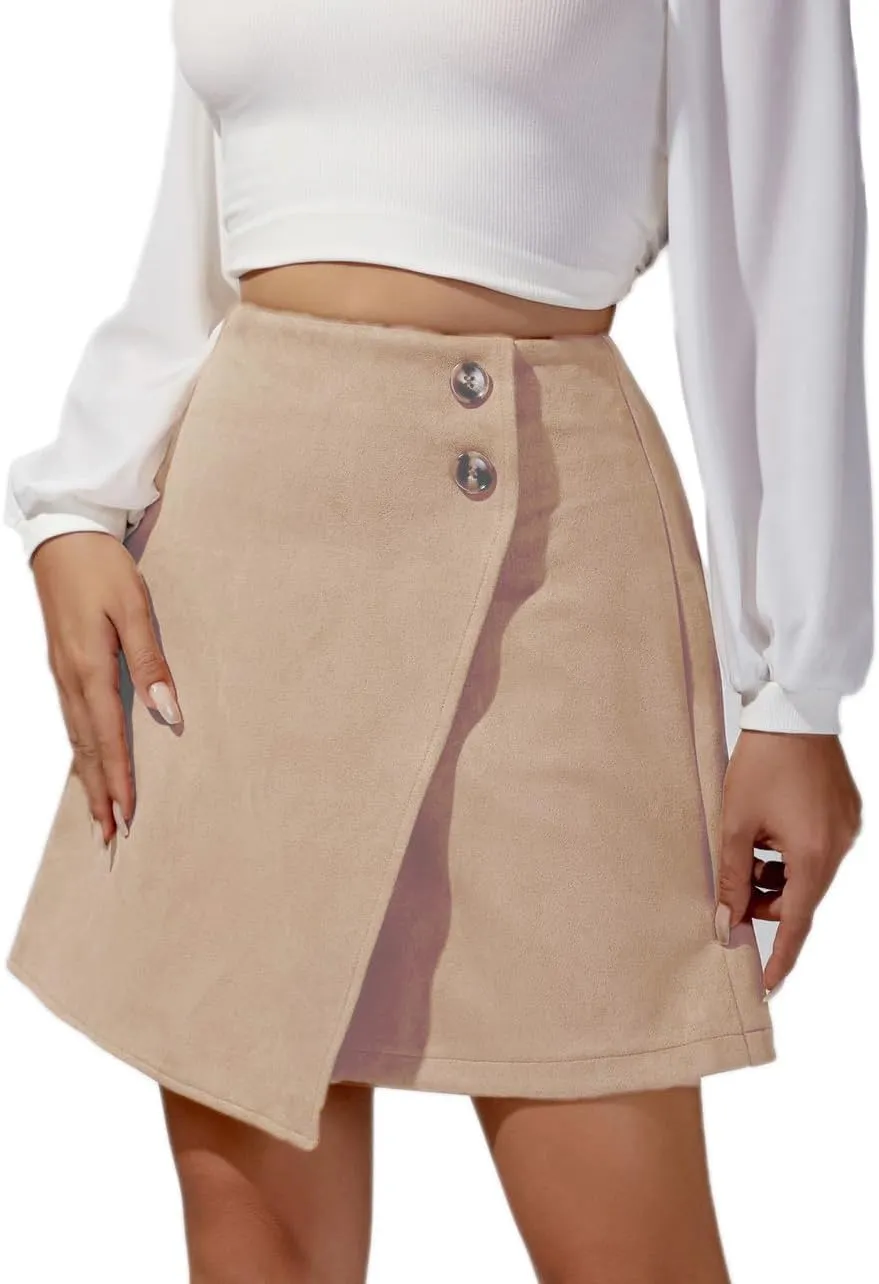 Sheface Women's Faux Suede Irregular Hem Skirt Solid High Waist Zipper A-Line Mini Bodycon Skirt