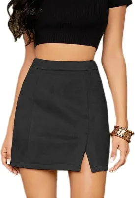Sheface Women's Faux Suede Wrap Hip Short Skirt High Waist Zipper Side Split A-Line Mini Bodycon Skirt