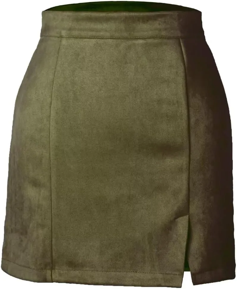 Sheface Women's Faux Suede Wrap Hip Short Skirt High Waist Zipper Side Split A-Line Mini Bodycon Skirt