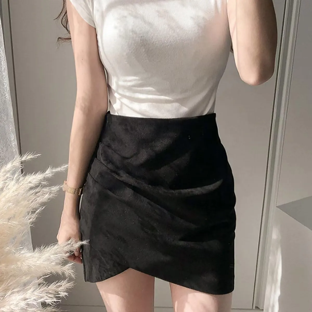 Sheface Women's Faux Suede Wrap Hip Short Skirt High Waist Zipper Side Split A-Line Mini Bodycon Skirt