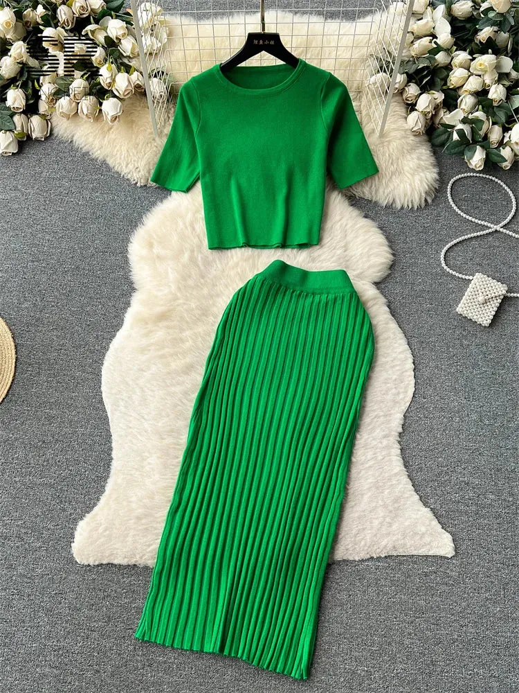 SINGREINY Casual Two Piece Sets Women Summer O Neck Top Elastic Waist Long Skirt Fashion Office Lady Korean Knit Suit