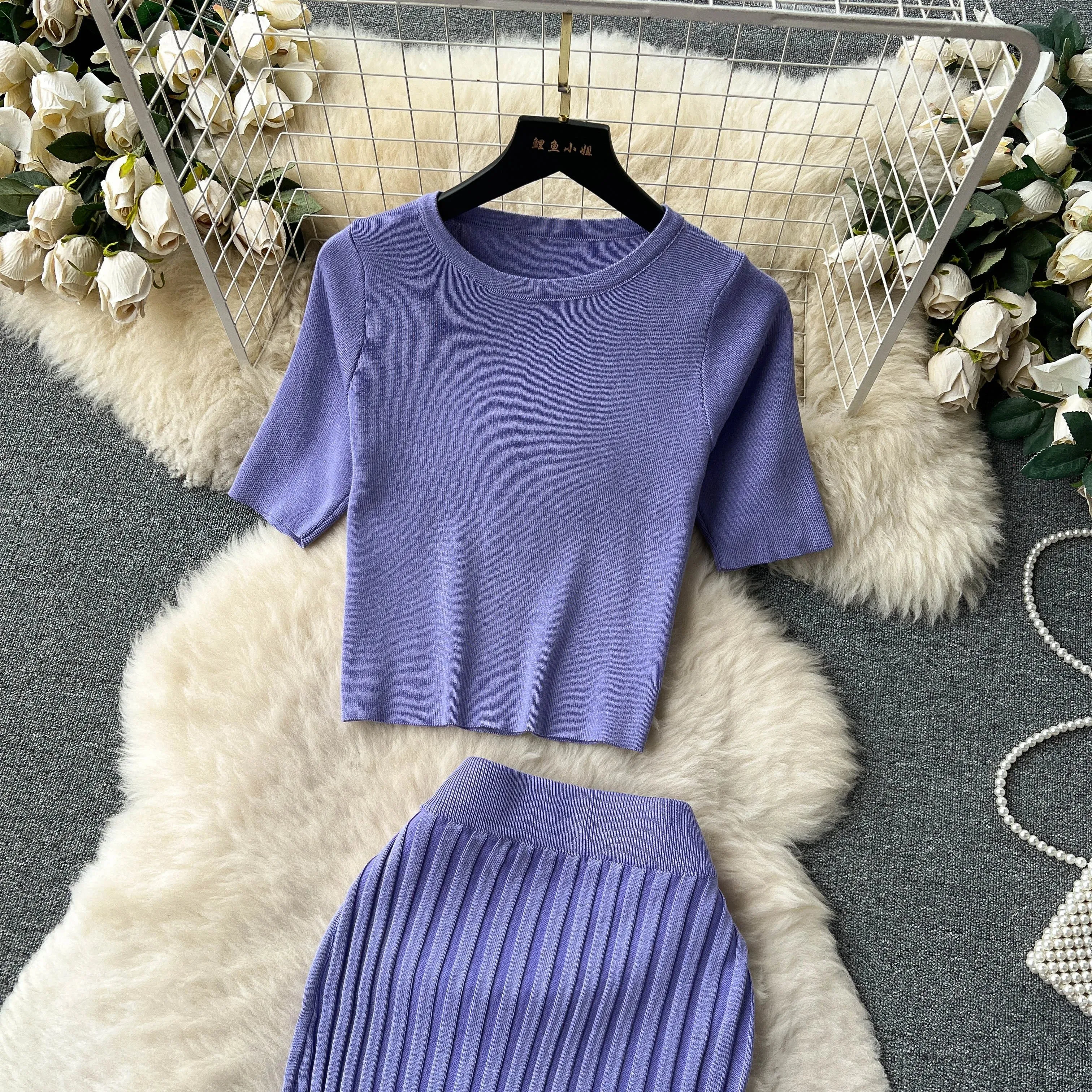 SINGREINY Casual Two Piece Sets Women Summer O Neck Top Elastic Waist Long Skirt Fashion Office Lady Korean Knit Suit