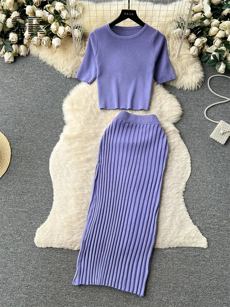 SINGREINY Casual Two Piece Sets Women Summer O Neck Top Elastic Waist Long Skirt Fashion Office Lady Korean Knit Suit