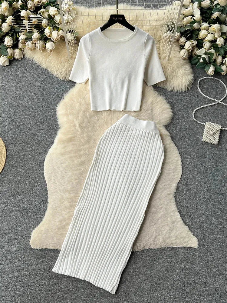 SINGREINY Casual Two Piece Sets Women Summer O Neck Top Elastic Waist Long Skirt Fashion Office Lady Korean Knit Suit