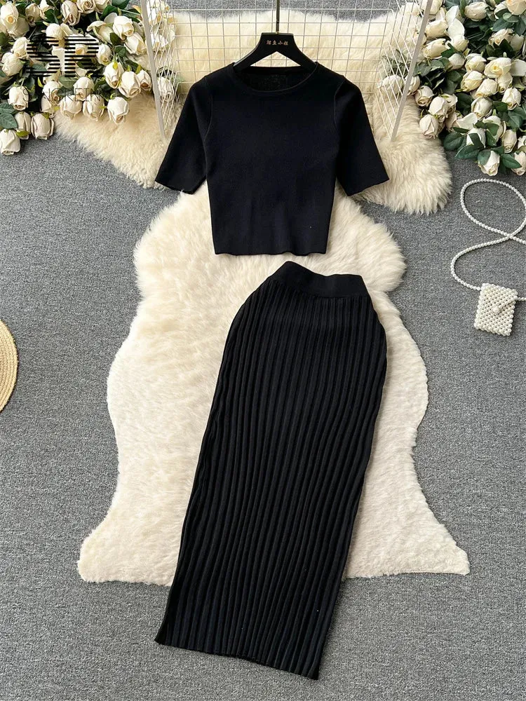 SINGREINY Casual Two Piece Sets Women Summer O Neck Top Elastic Waist Long Skirt Fashion Office Lady Korean Knit Suit