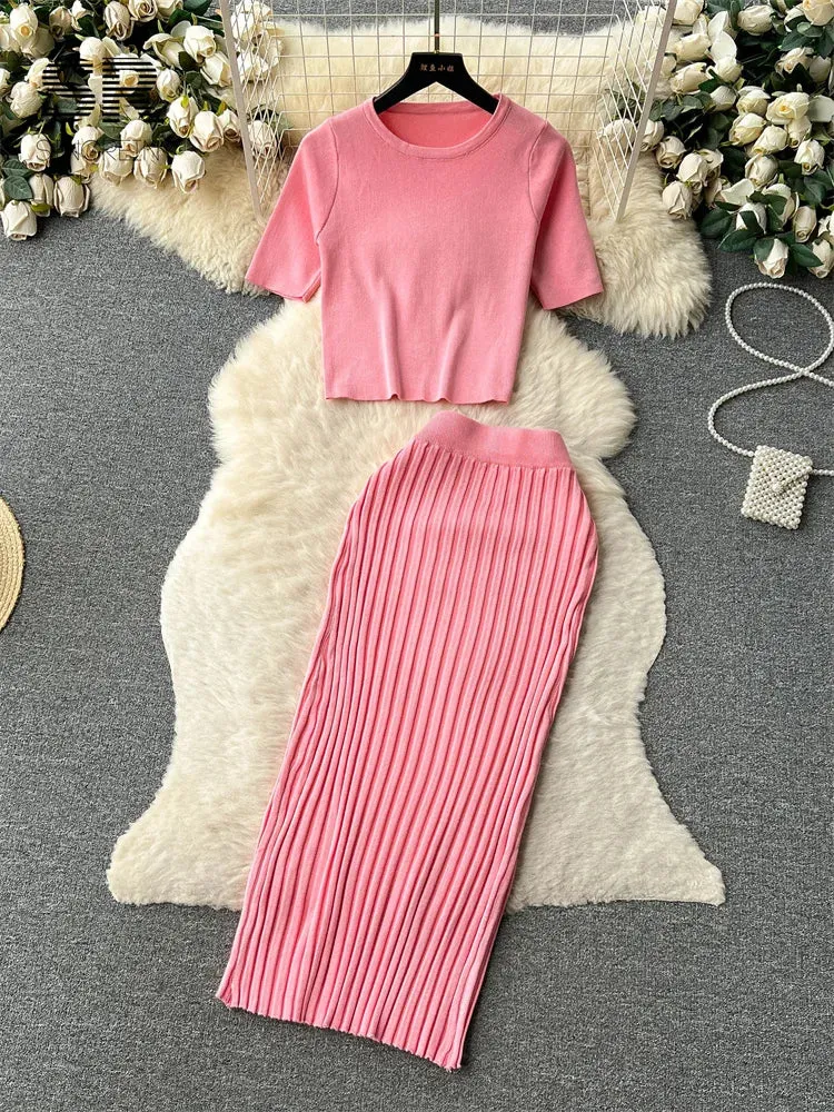 SINGREINY Casual Two Piece Sets Women Summer O Neck Top Elastic Waist Long Skirt Fashion Office Lady Korean Knit Suit