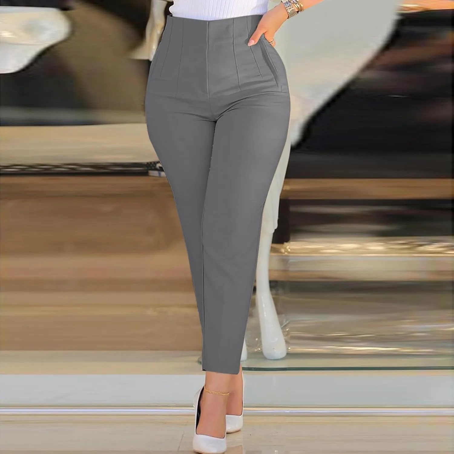 Tapered Pants Slim Fit Comfortable Straight Leg High Waisted Trousers Lightweight Casual Stretchy Classic Work Pants
