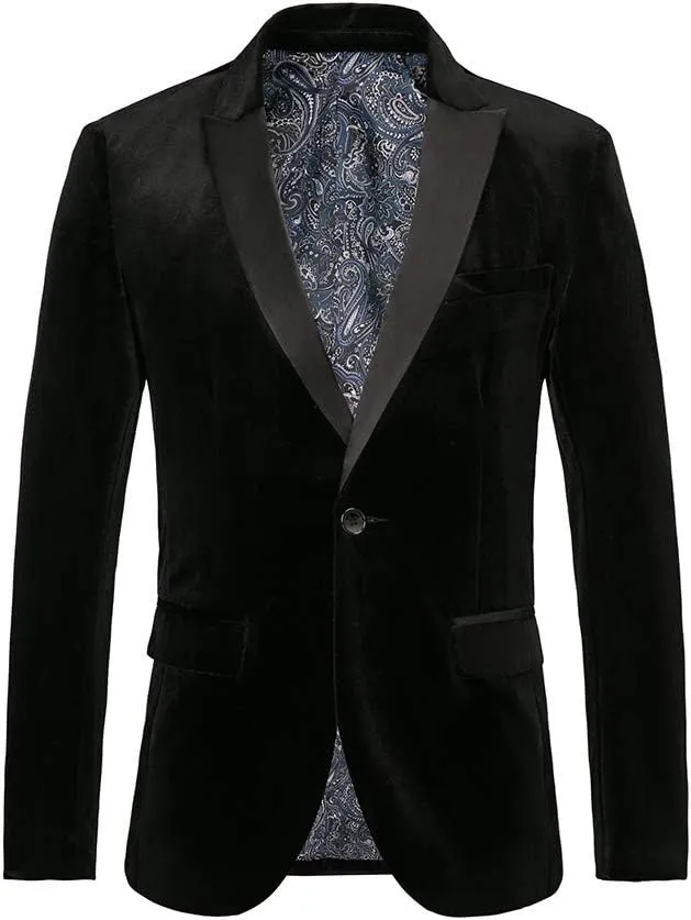 THWEI Mens Velvet Blazer Slim Fit Suit Jacket One Button Tuxedo Blazer Wedding Prom Dinner