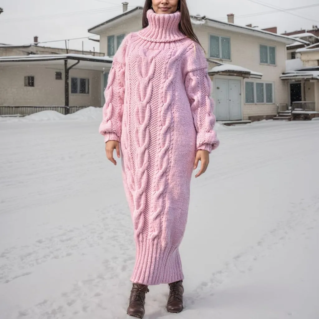 TIAFORD Women's Chunky Cable Knit Long Sweater Dress Winter Casual Elegant Thick Turtleneck Sweaters Dresses Warmth Pullovers