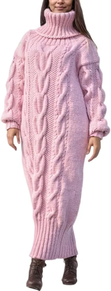 TIAFORD Women's Chunky Cable Knit Long Sweater Dress Winter Casual Elegant Thick Turtleneck Sweaters Dresses Warmth Pullovers