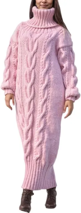 TIAFORD Women's Chunky Cable Knit Long Sweater Dress Winter Casual Elegant Thick Turtleneck Sweaters Dresses Warmth Pullovers