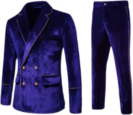 UNINUKOO Mens Suits Velvet 2 Piece Suit Slim Fit Double Breasted Formal Dinner Tuxedo (Order One Size Up)