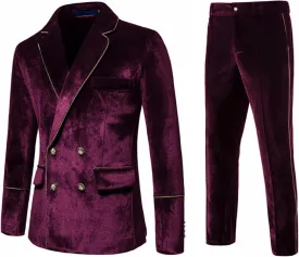 UNINUKOO Mens Suits Velvet 2 Piece Suit Slim Fit Double Breasted Formal Dinner Tuxedo (Order One Size Up)
