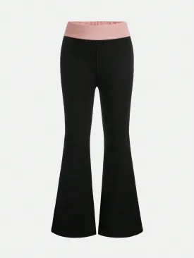 Vintage Colorblock Knitted Flare Leggings for Tween Girls - Streetwear, Long, Stretchy