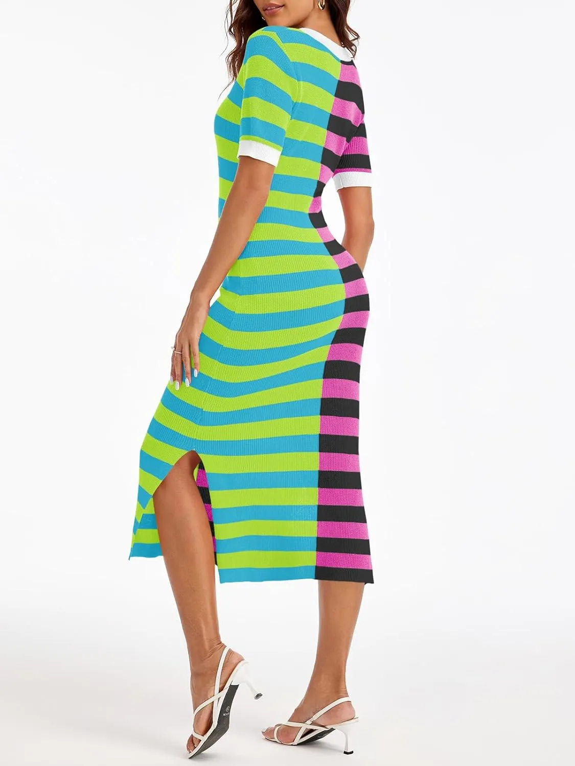 Wenrine Womens Short Sleeve Striped Dress Summer Knitted Scoop Neck Color Block Casual Maxi Dress