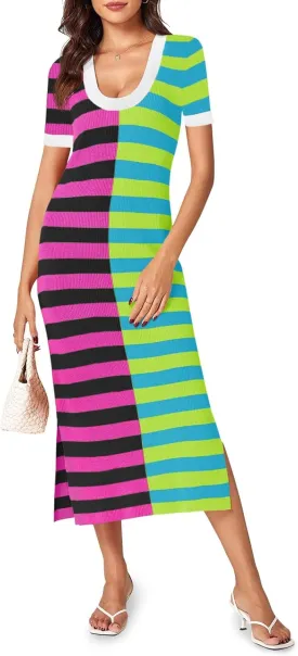 Wenrine Womens Short Sleeve Striped Dress Summer Knitted Scoop Neck Color Block Casual Maxi Dress