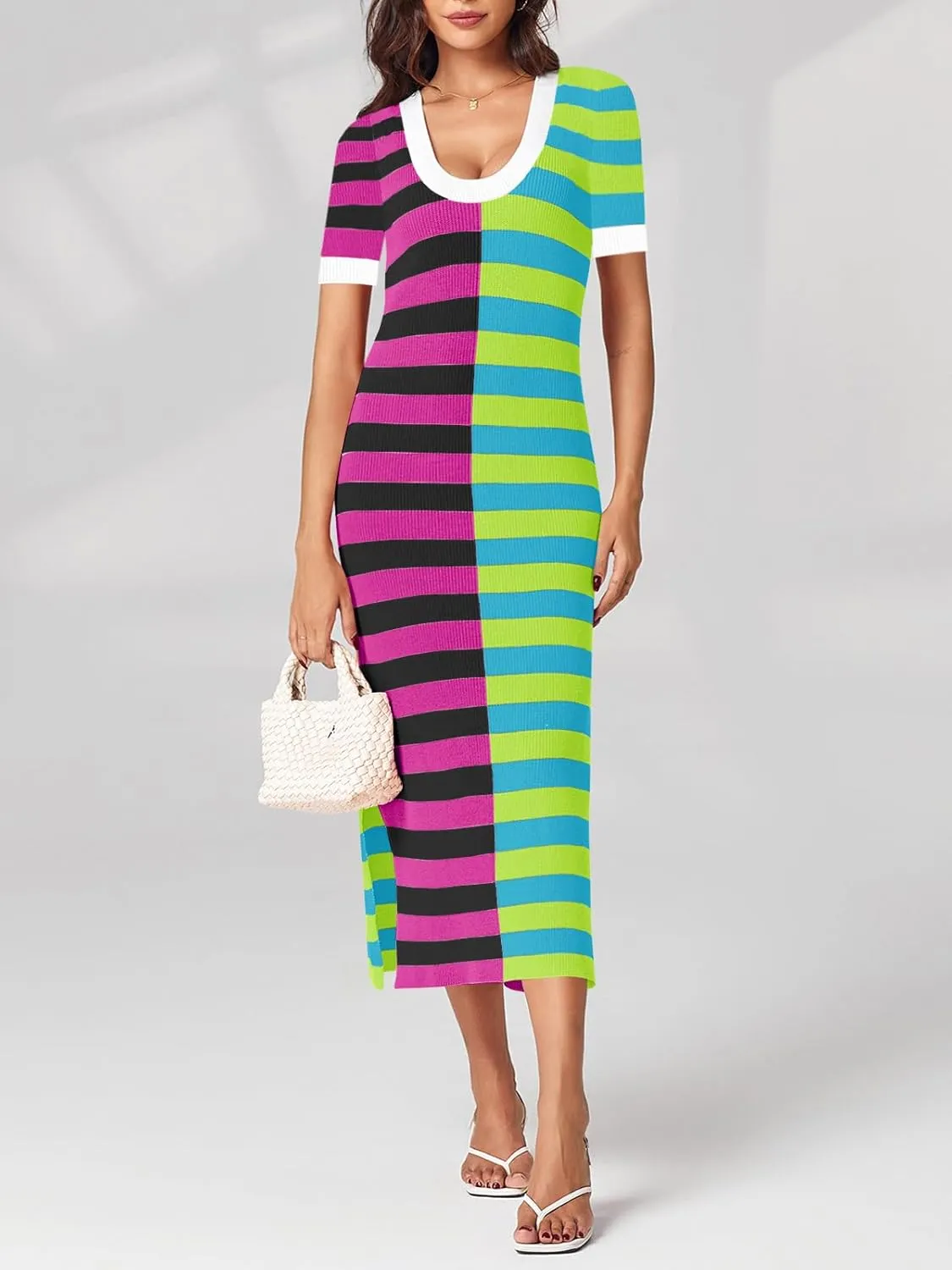 Wenrine Womens Short Sleeve Striped Dress Summer Knitted Scoop Neck Color Block Casual Maxi Dress