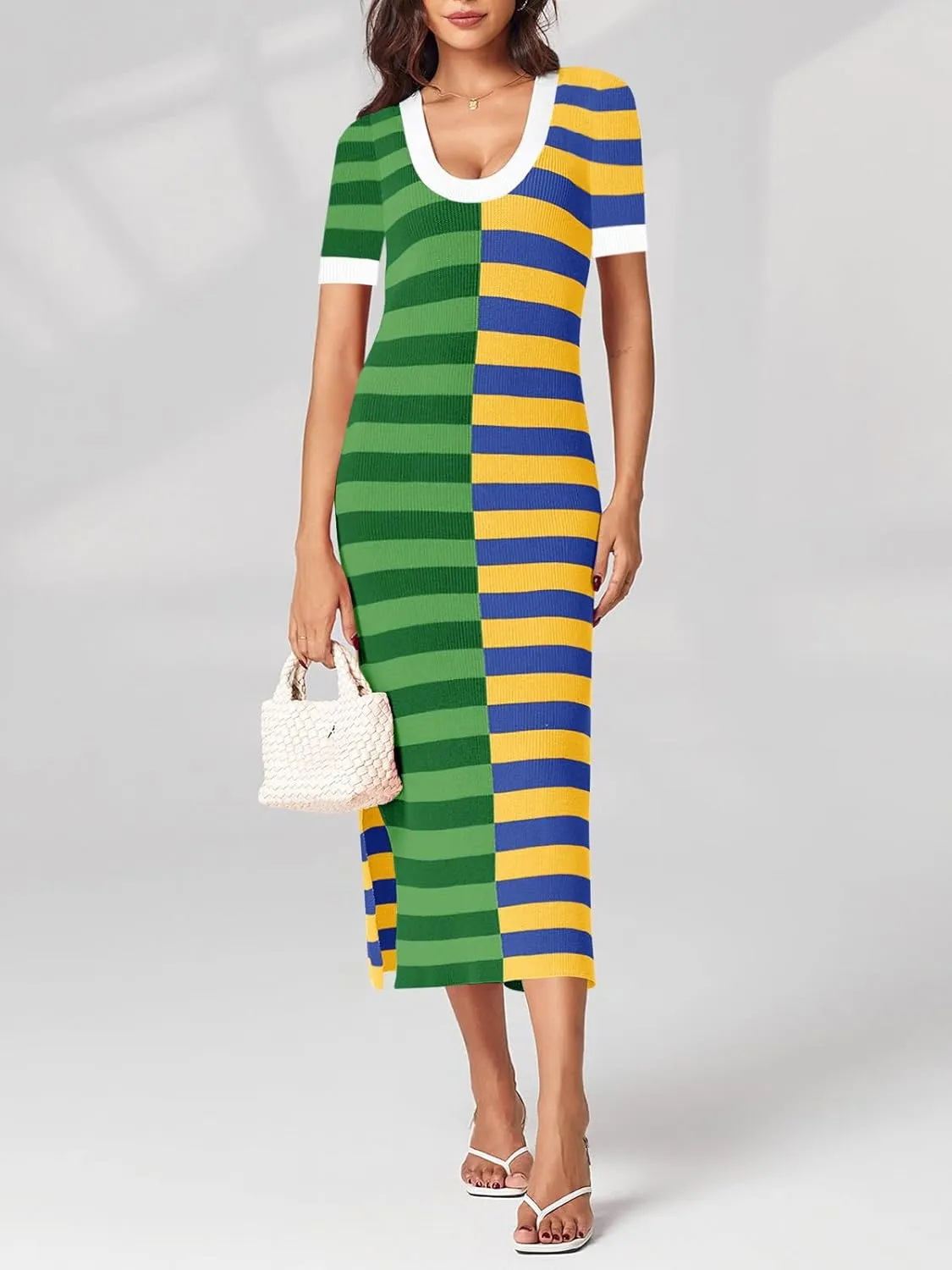 Wenrine Womens Short Sleeve Striped Dress Summer Knitted Scoop Neck Color Block Casual Maxi Dress