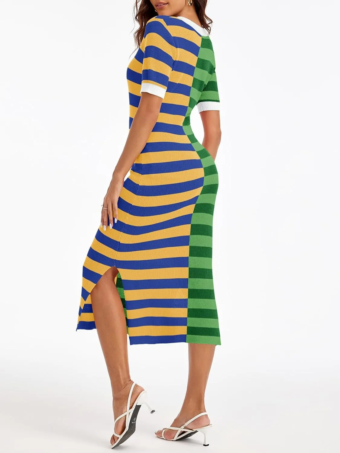 Wenrine Womens Short Sleeve Striped Dress Summer Knitted Scoop Neck Color Block Casual Maxi Dress