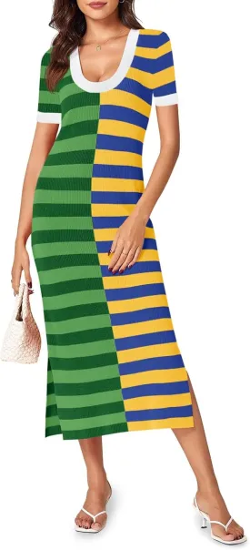 Wenrine Womens Short Sleeve Striped Dress Summer Knitted Scoop Neck Color Block Casual Maxi Dress