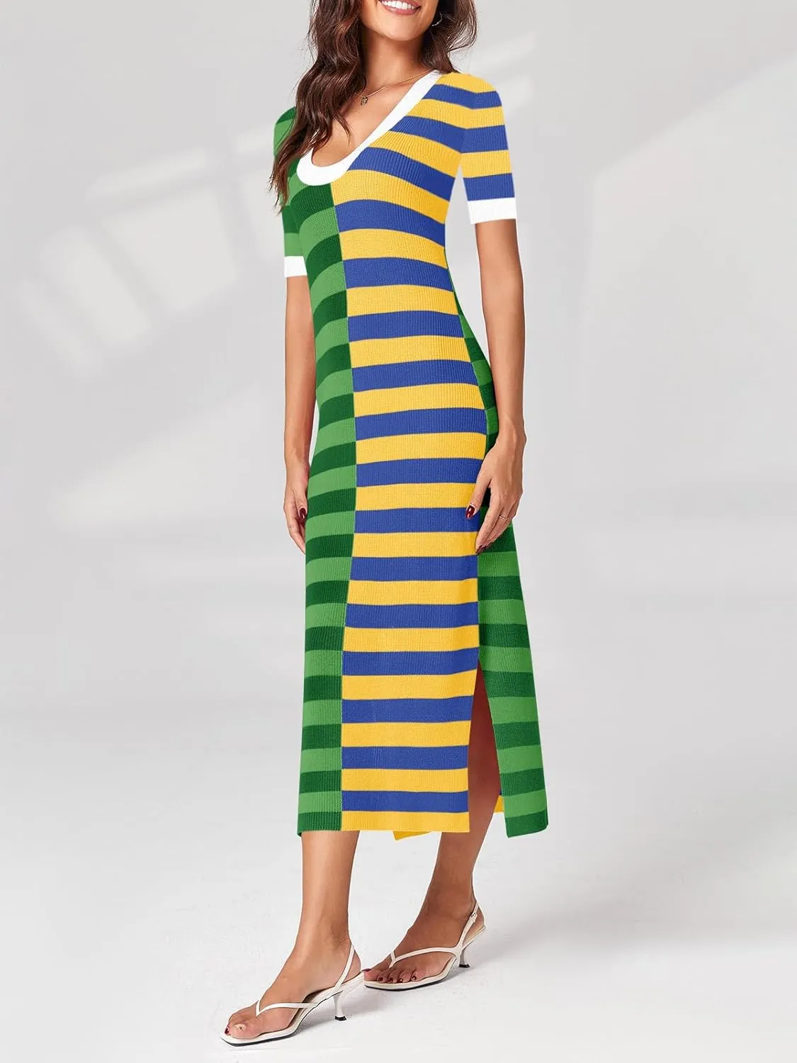 Wenrine Womens Short Sleeve Striped Dress Summer Knitted Scoop Neck Color Block Casual Maxi Dress