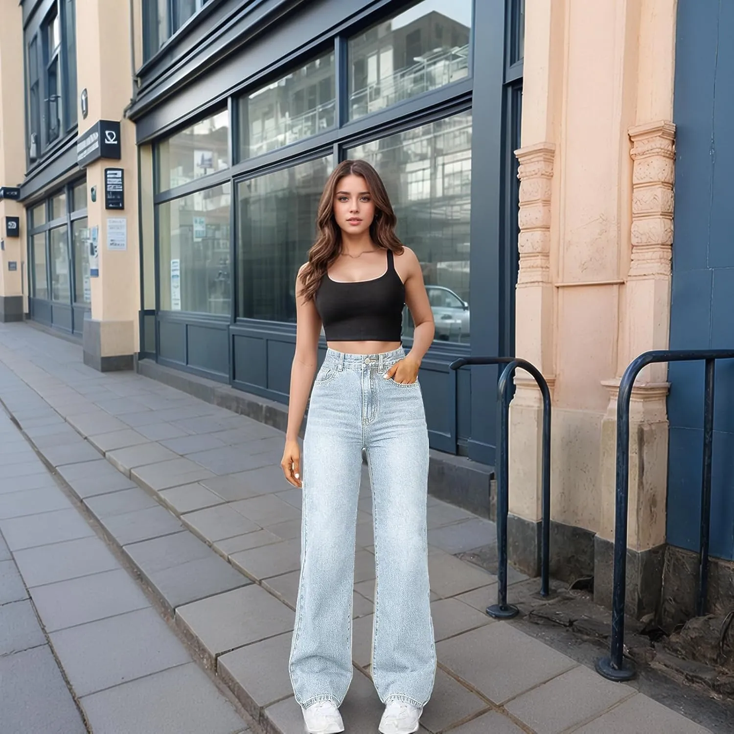Woman Wide Leg Jeans High Waisted Baggy Jeans Boyfriend Jean Elastic Waist Stretchy Jean Straight Leg Denim Pants