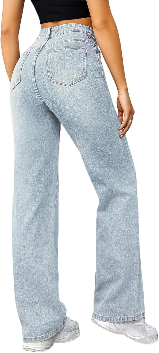Woman Wide Leg Jeans High Waisted Baggy Jeans Boyfriend Jean Elastic Waist Stretchy Jean Straight Leg Denim Pants