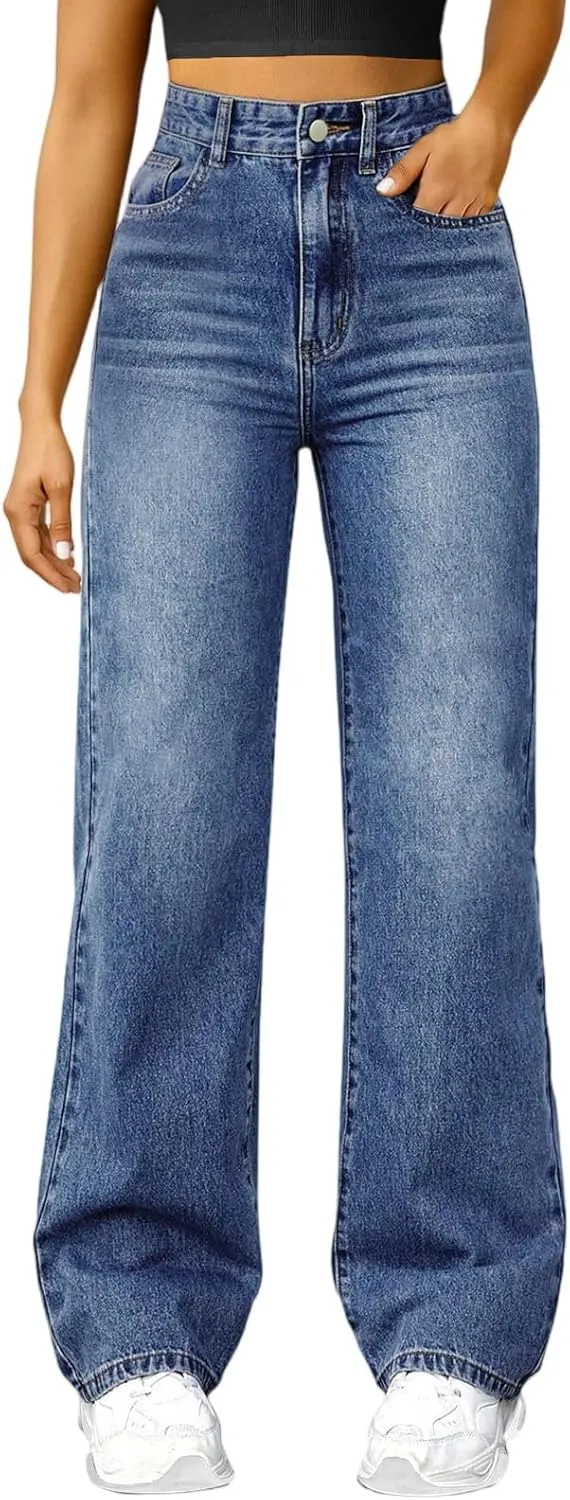 Woman Wide Leg Jeans High Waisted Baggy Jeans Boyfriend Jean Elastic Waist Stretchy Jean Straight Leg Denim Pants
