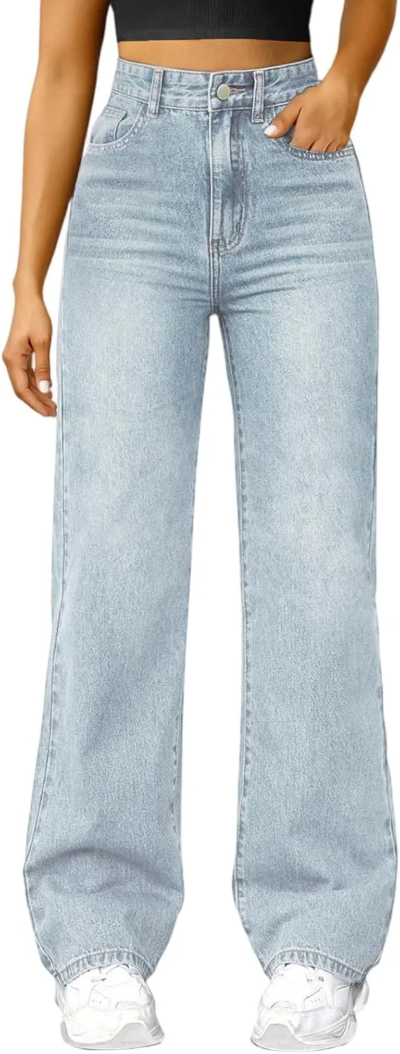 Woman Wide Leg Jeans High Waisted Baggy Jeans Boyfriend Jean Elastic Waist Stretchy Jean Straight Leg Denim Pants
