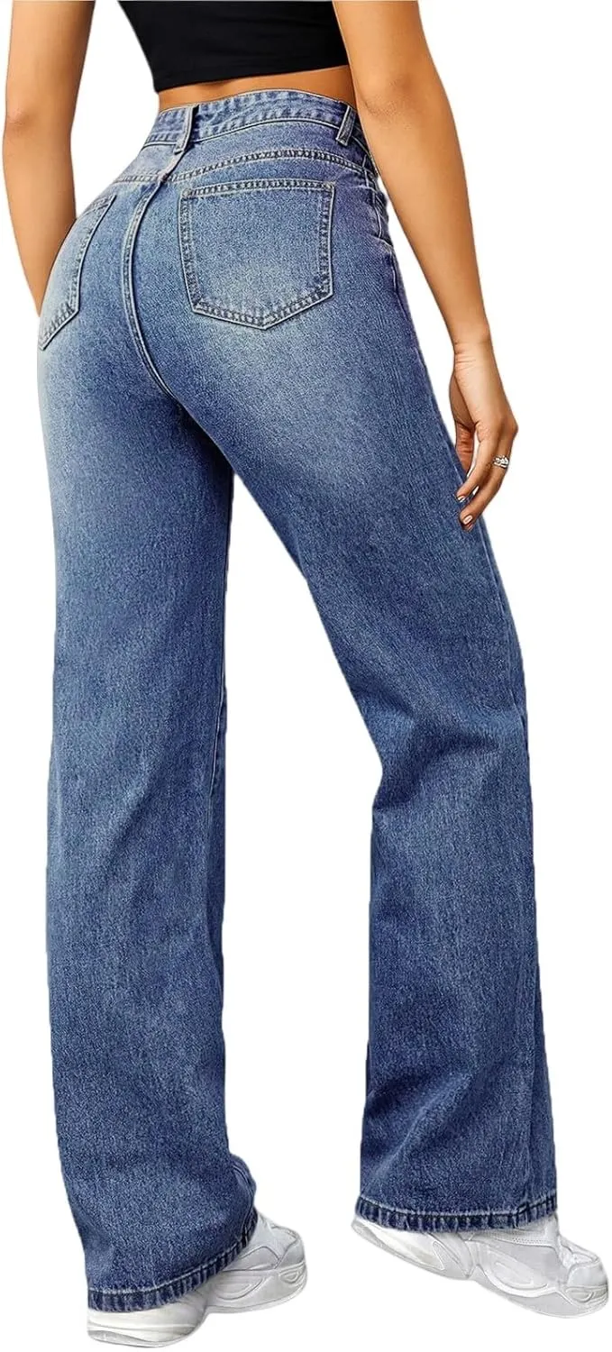 Woman Wide Leg Jeans High Waisted Baggy Jeans Boyfriend Jean Elastic Waist Stretchy Jean Straight Leg Denim Pants