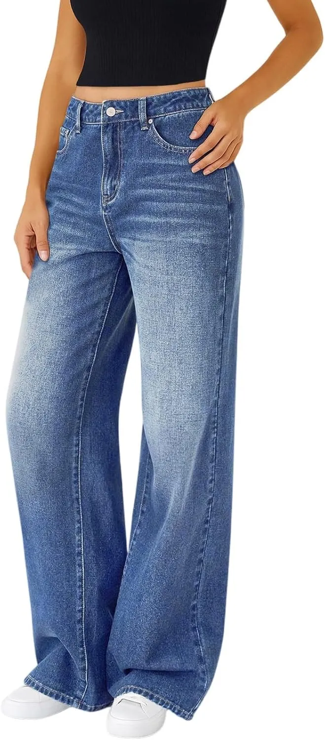 Woman Wide Leg Jeans High Waisted Baggy Jeans Boyfriend Jean Elastic Waist Stretchy Jean Straight Leg Denim Pants