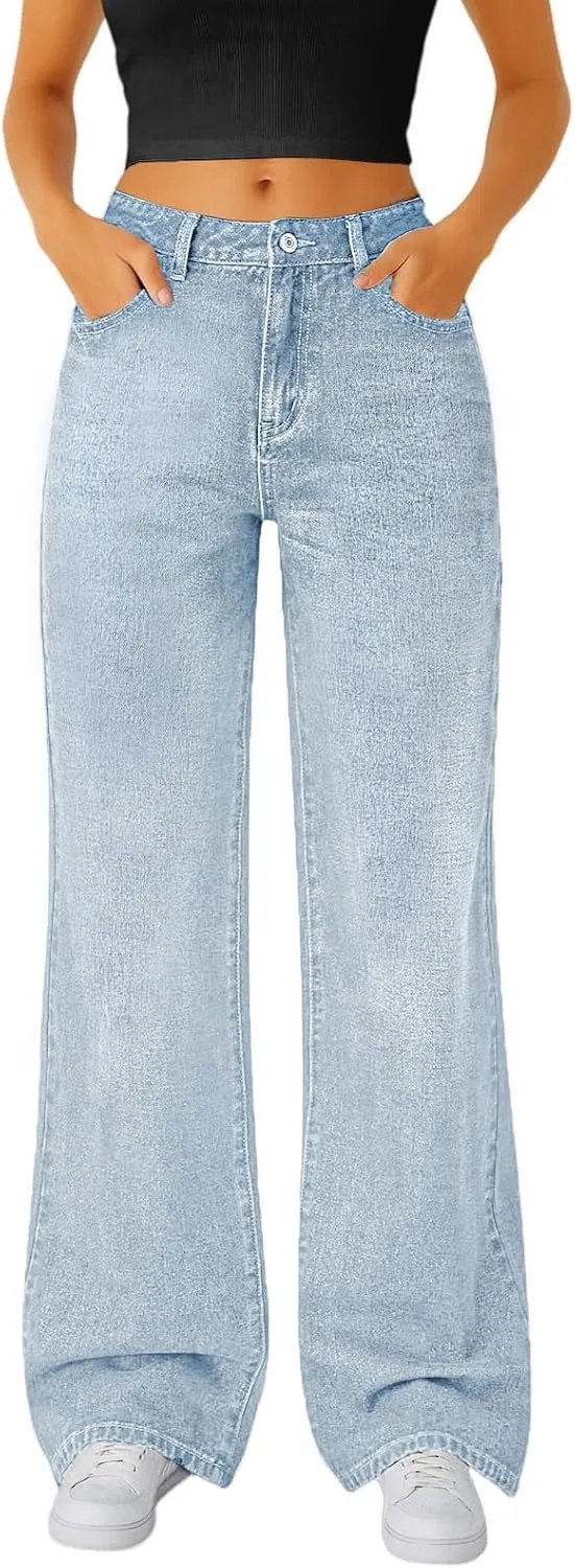 Woman Wide Leg Jeans High Waisted Baggy Jeans Boyfriend Jean Elastic Waist Stretchy Jean Straight Leg Denim Pants