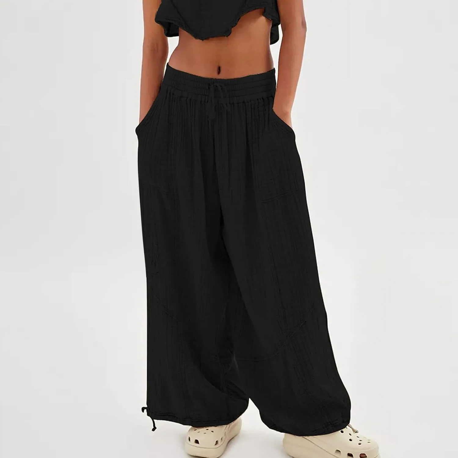 Womens Baggy Utility Pants 2024 Summer High Waisted Wide Leg Cargo Pants with Pocket Wide Leg Palazzo Trousers