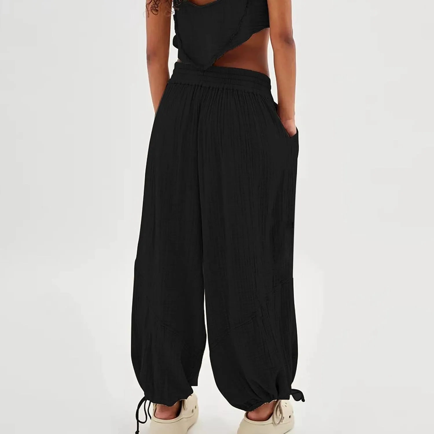 Womens Baggy Utility Pants 2024 Summer High Waisted Wide Leg Cargo Pants with Pocket Wide Leg Palazzo Trousers