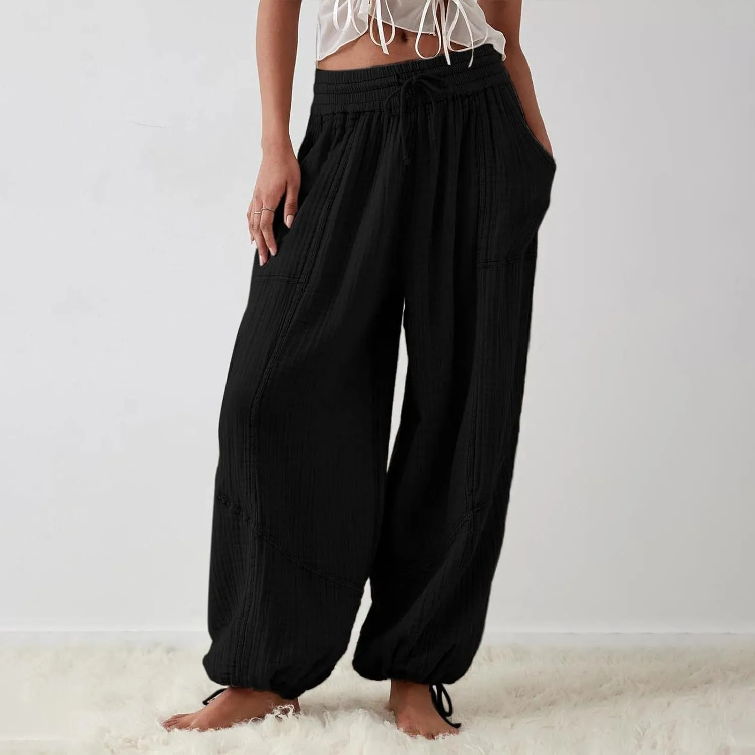 Womens Baggy Utility Pants 2024 Summer High Waisted Wide Leg Cargo Pants with Pocket Wide Leg Palazzo Trousers