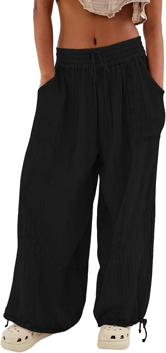 Womens Baggy Utility Pants 2024 Summer High Waisted Wide Leg Cargo Pants with Pocket Wide Leg Palazzo Trousers