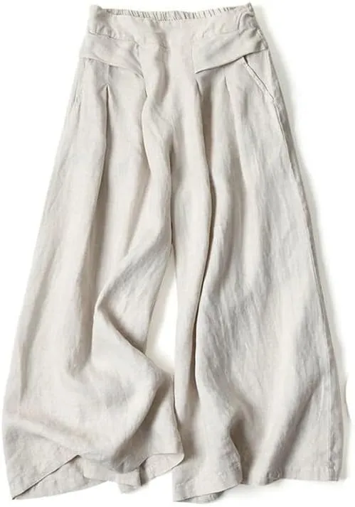 Women's Cotton Linen Palazzo Pants Wide Leg Flowy Loose Fit Gauze Casual Summer Outfit Elastic Waist with Pockets