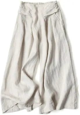 Women's Cotton Linen Palazzo Pants Wide Leg Flowy Loose Fit Gauze Casual Summer Outfit Elastic Waist with Pockets