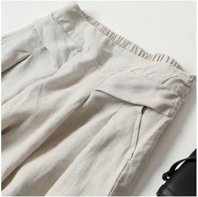 Women's Cotton Linen Palazzo Pants Wide Leg Flowy Loose Fit Gauze Casual Summer Outfit Elastic Waist with Pockets