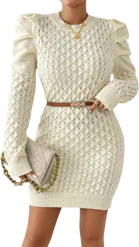 Women's Cute Cable Knit Mini Sweater Dress Fall 2024 Ladies Dressy Casual Chunky Crewneck Puff Long Sleeve Dresses