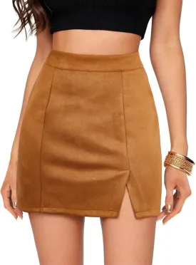 Womens Faux Suede Skirt with Slit High Waisted Mini Skirt Side Split A-Line Bodycon Short Skirt