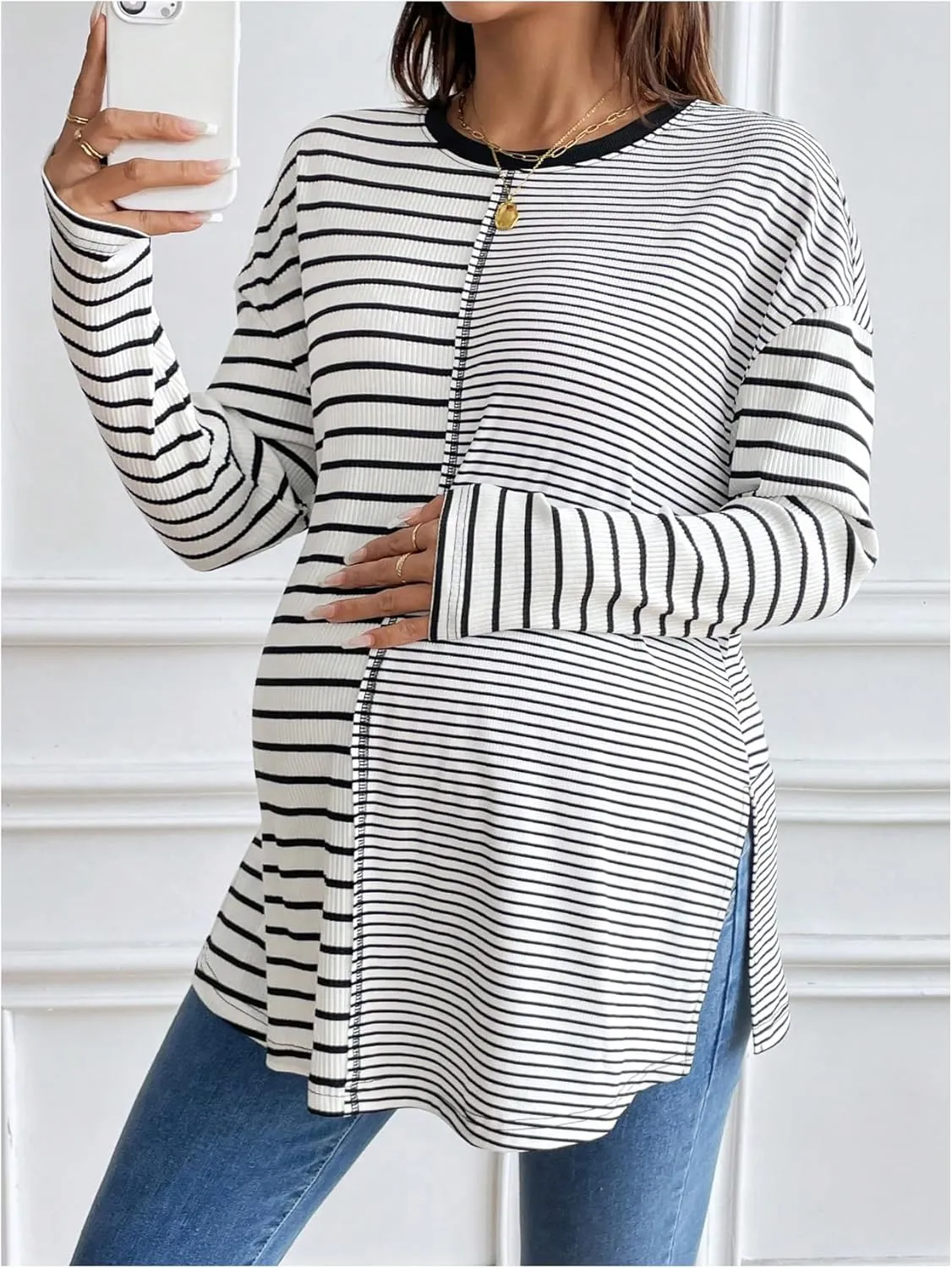 Women's Maternity Knitted Tee Shirt Striped Long Sleeve Crew Neck Pregnancy Tops