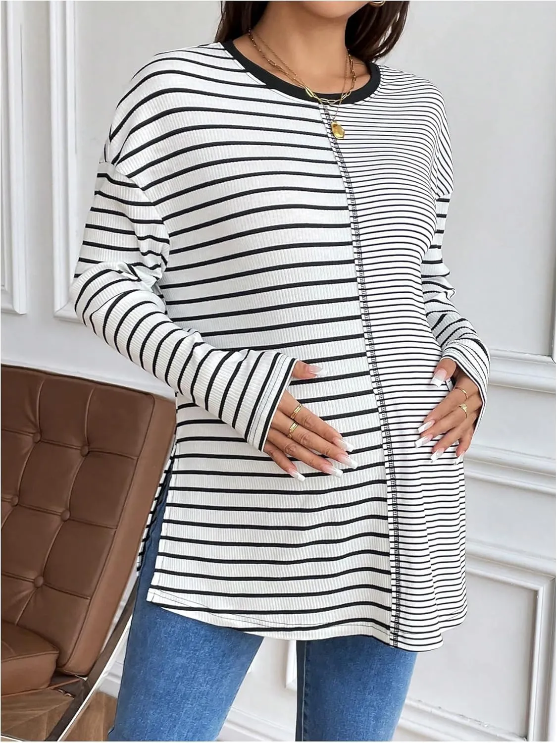 Women's Maternity Knitted Tee Shirt Striped Long Sleeve Crew Neck Pregnancy Tops