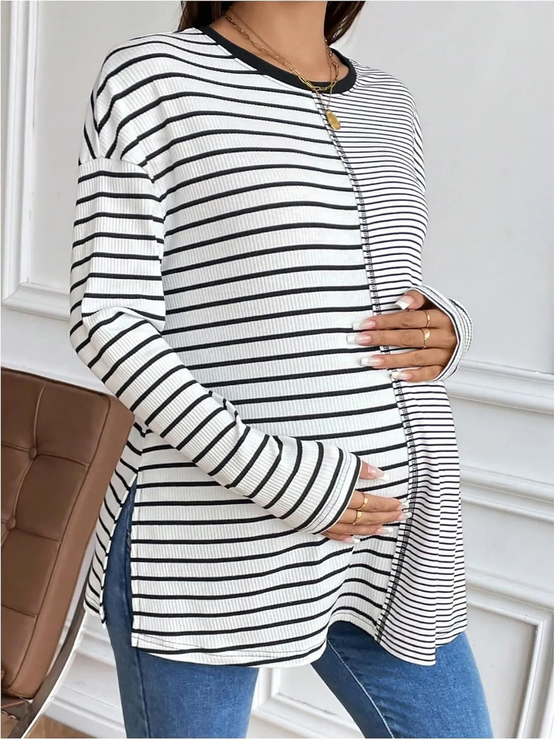 Women's Maternity Knitted Tee Shirt Striped Long Sleeve Crew Neck Pregnancy Tops