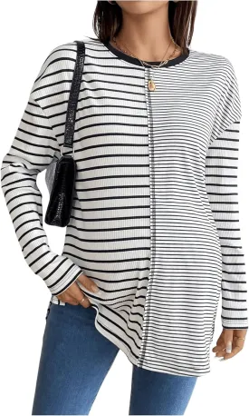 Women's Maternity Knitted Tee Shirt Striped Long Sleeve Crew Neck Pregnancy Tops