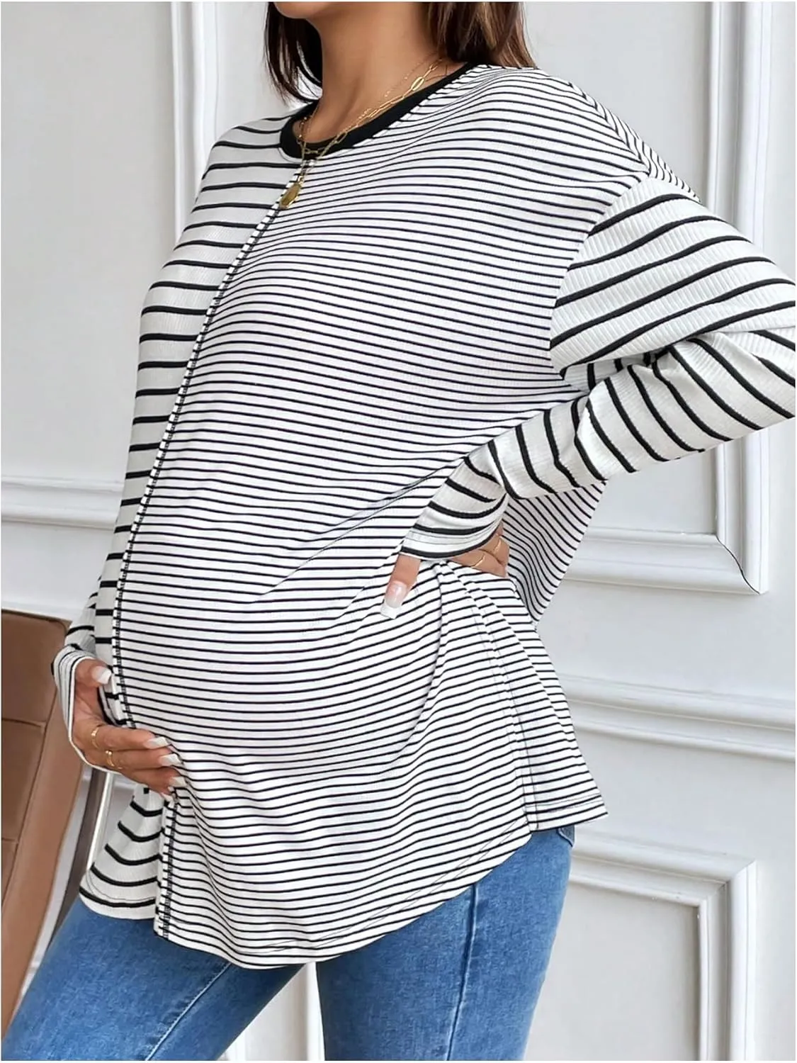 Women's Maternity Knitted Tee Shirt Striped Long Sleeve Crew Neck Pregnancy Tops