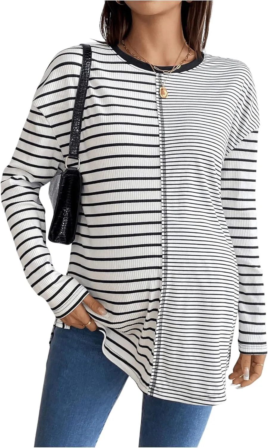 Women's Maternity Knitted Tee Shirt Striped Long Sleeve Crew Neck Pregnancy Tops